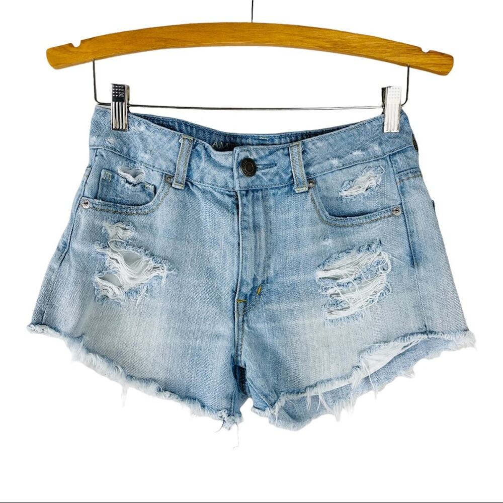 AEO blue distressed cutoff festival western boho denim jean shorts 2